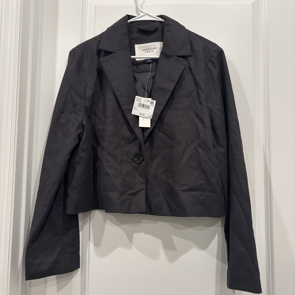 American Eagle Gray Linen Blend One Button Blazer Jacket Cropped Large NWT